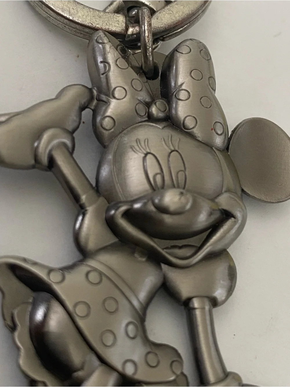 Vintage Disney Minnie Mouse Posing Charm Silver Pewter Metal Keychain Key Fob